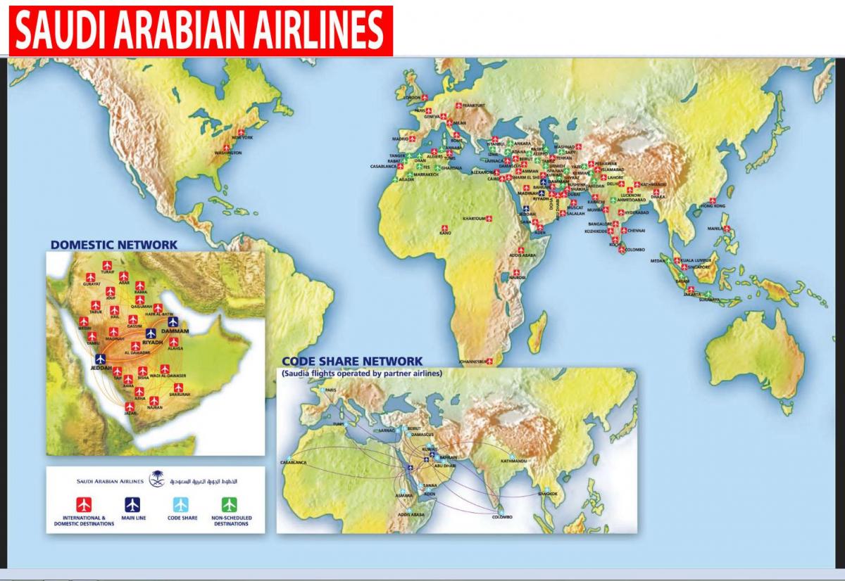 Mapa Saudi Arabian airlines trasy
